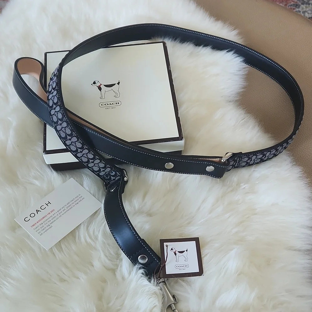 NWT IOB Coach Black Mini Signature Jaquard Leather Large Dog Leash 🖤🐾🐕♥️🎁